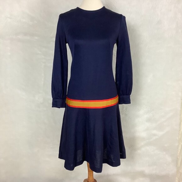 Vintage 60s 70s Navy Blue Mod Yellow & Orange Stripe Drop Waist Dress S - Picture 1 of 8